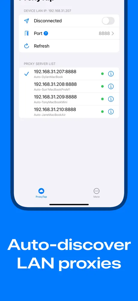 ProxyTap iOS app main interface showing one-tap proxy switching and automatic proxy detection features
